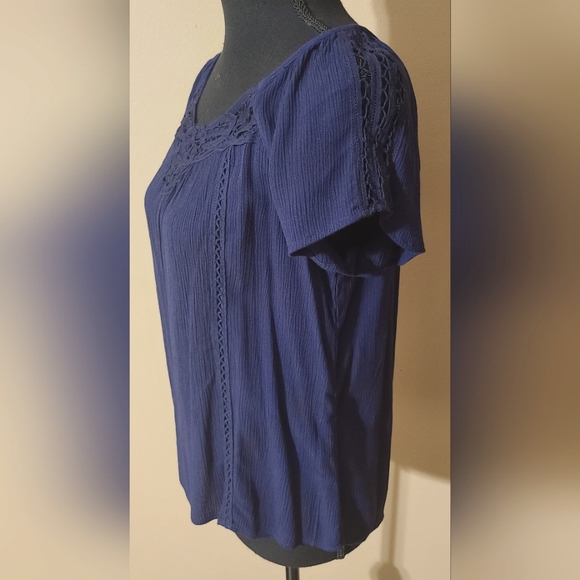 Vintage Navy Blouse with Cap Sleeves, Lace Trim, Size Medium by Red Camel - Picture 3 of 7